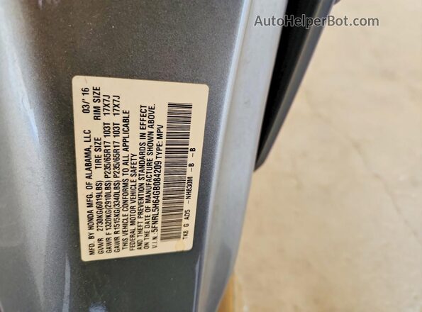 5FNRL5H64GB084209 2016 HONDA ODYSSEY Silver VIN sticker view