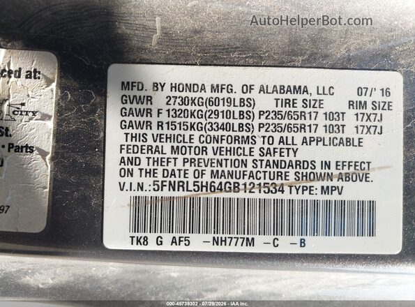 5FNRL5H64GB121534 2016 HONDA ODYSSEY Gray Engine compartment view