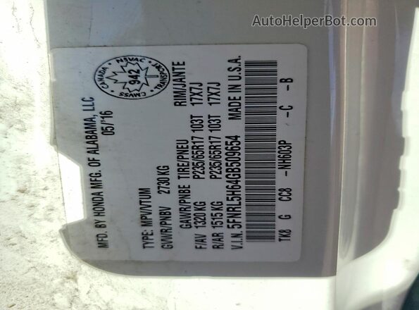 5FNRL5H64GB509654 2016 HONDA ODYSSEY White VIN կոդի պիտակի տեսք