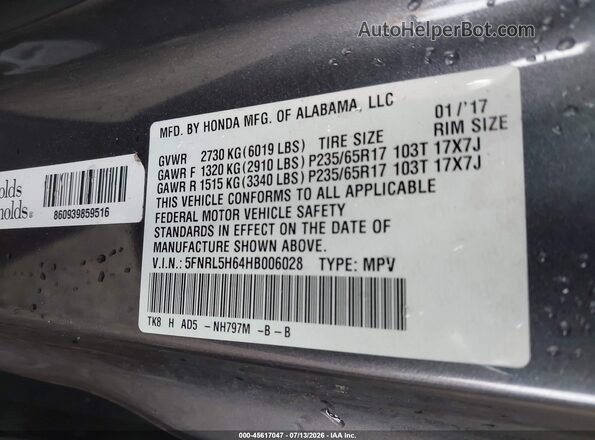 5FNRL5H64HB006028 2017 HONDA ODYSSEY White Engine compartment view