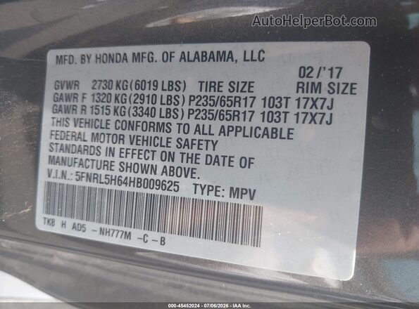 5FNRL5H64HB009625 2017 HONDA ODYSSEY Gray Vista del compartimento del motor