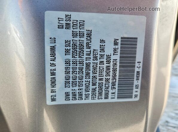 5FNRL5H64HB019474 2017 HONDA ODYSSEY Silver Vista de la etiqueta del VIN