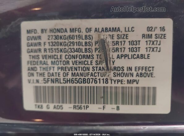 5FNRL5H65GB076118 2016 HONDA ODYSSEY  Widok komory silnika