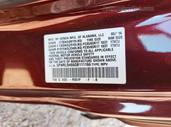 5FNRL5H66GB111166 2016 HONDA ODYSSEY Maroon Widok naklejki z numerem VIN