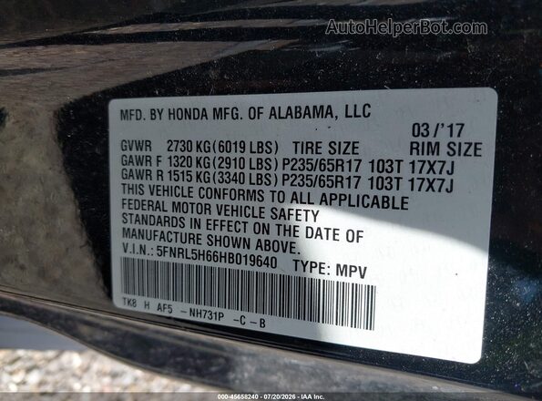 5FNRL5H66HB019640 2017 HONDA ODYSSEY Black Շարժիչի բաժամունքի տեսք