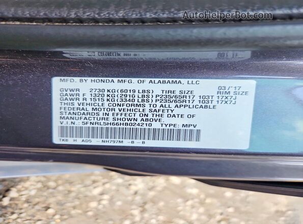 5FNRL5H66HB024210 2017 HONDA ODYSSEY Gray Vista de la etiqueta del VIN