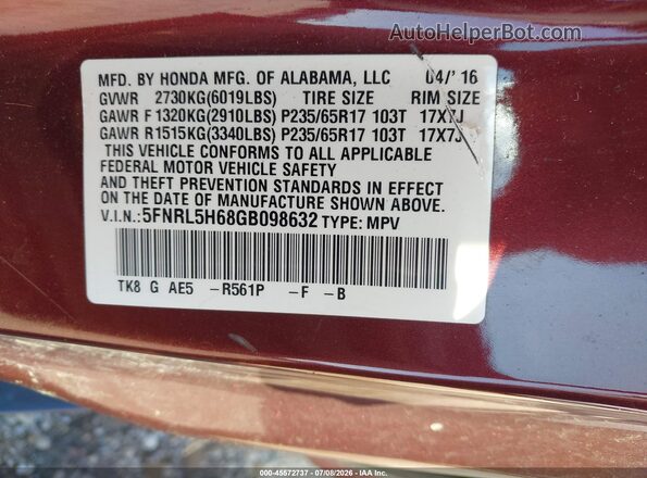 5FNRL5H68GB098632 2016 HONDA ODYSSEY Maroon Вид підкапотного простору