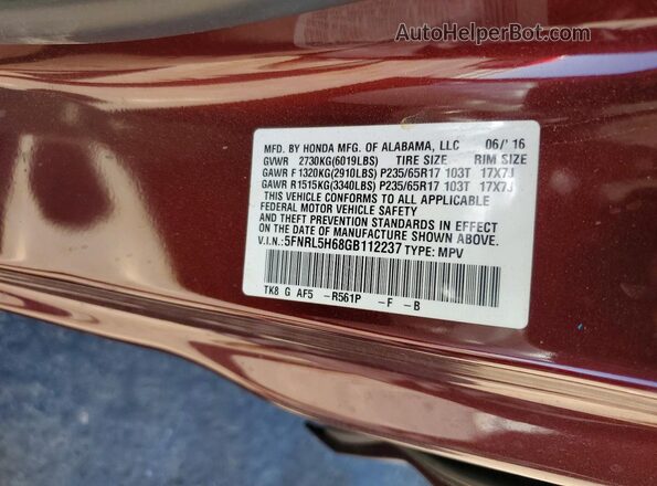 5FNRL5H68GB112237 2016 HONDA ODYSSEY Maroon 360 interior view
