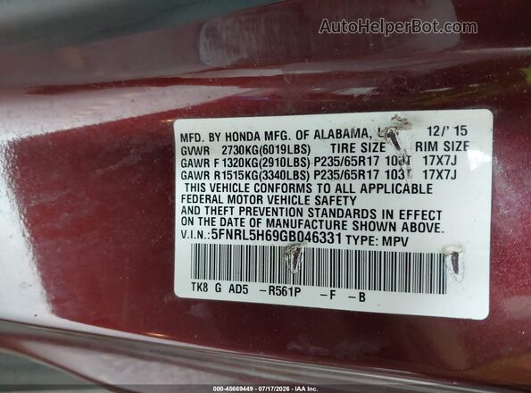 5FNRL5H69GB046331 2016 HONDA ODYSSEY Maroon Engine compartment view
