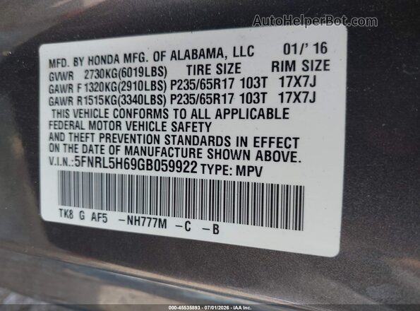 5FNRL5H69GB059922 2016 HONDA ODYSSEY Gray Vista del compartimento del motor
