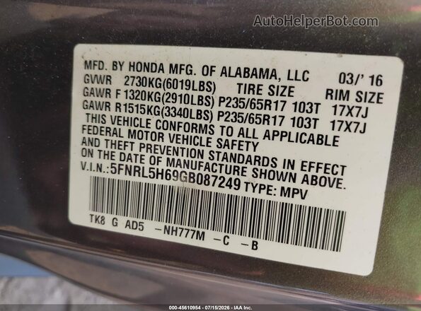5FNRL5H69GB087249 2016 HONDA ODYSSEY Gray ძრავის განყოფილების ხედი