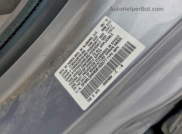5FNRL5H69GB103577 2016 HONDA ODYSSEY Silver VIN sticker view