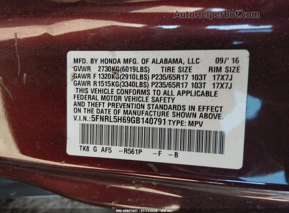 5FNRL5H69GB140791 2016 HONDA ODYSSEY Red ძრავის განყოფილების ხედი