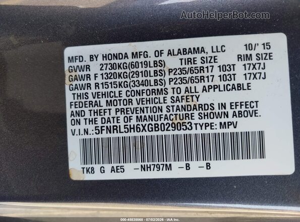 5FNRL5H6XGB029053 2016 HONDA ODYSSEY Gray Engine compartment view