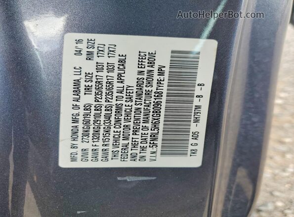 5FNRL5H6XGB096168 2016 HONDA ODYSSEY Charcoal VIN კოდის სტიკერის ხედი