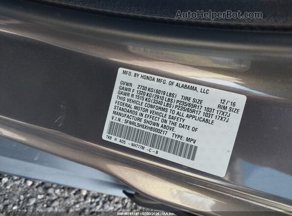 5FNRL5H6XHB000217 2017 HONDA ODYSSEY Gray Շարժիչի բաժամունքի տեսք