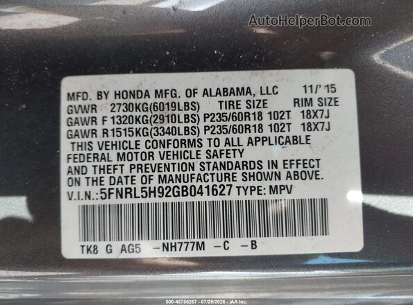 5FNRL5H92GB041627 2016 HONDA ODYSSEY Gray ძრავის განყოფილების ხედი
