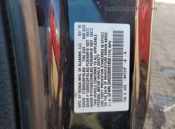 5FNRL5H92GB091850 2016 HONDA ODYSSEY Black Vista de la etiqueta del VIN