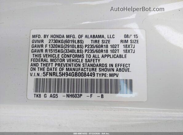 5FNRL5H94GB008449 2016 HONDA ODYSSEY White Widok komory silnika