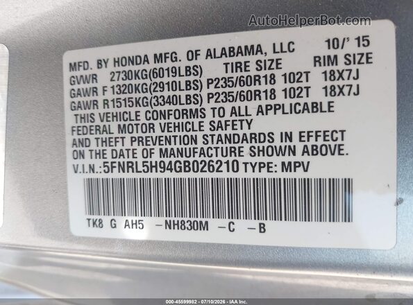 5FNRL5H94GB026210 2016 HONDA ODYSSEY Silver Vista del compartimento del motor