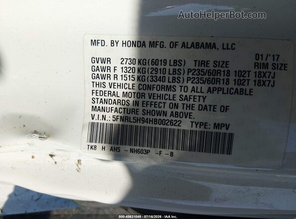 5FNRL5H94HB002622 2017 HONDA ODYSSEY White Engine compartment view