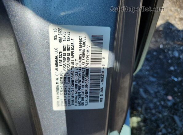 5FNRL5H98GB088774 2016 HONDA ODYSSEY Silver VIN კოდის სტიკერის ხედი