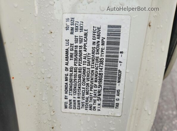 5FNRL5H98GB147385 2016 HONDA ODYSSEY Белый Вид наклейки с VIN-кодом