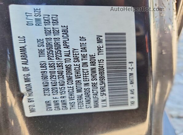 5FNRL5H98HB004115 2017 HONDA ODYSSEY Brown VIN sticker view