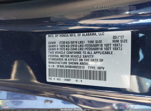 5FNRL5H98HB023313 2017 HONDA ODYSSEY Blue Շարժիչի բաժամունքի տեսք
