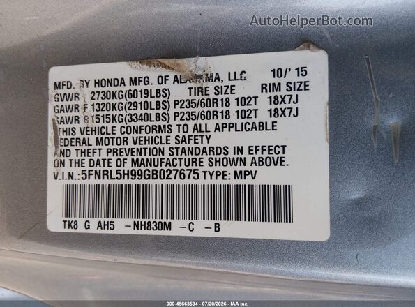 5FNRL5H99GB027675 2016 HONDA ODYSSEY Gray Vista del compartimento del motor