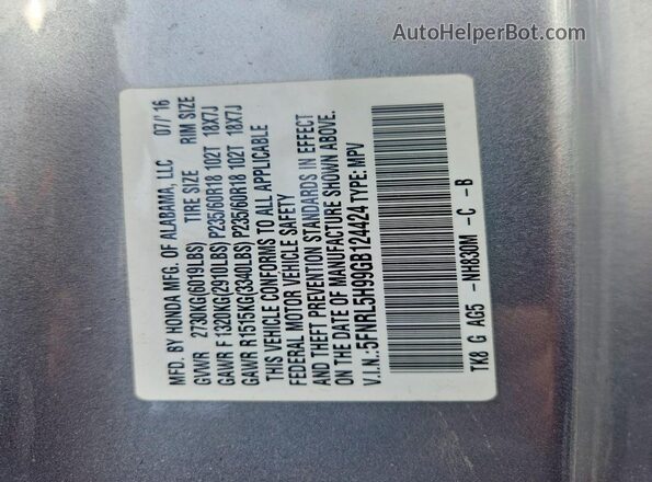 5FNRL5H99GB124424 2016 HONDA ODYSSEY Silver Вид наклейки з VIN-кодом