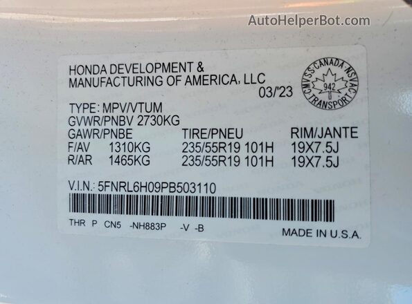 5FNRL6H09PB503110 2023 HONDA ODYSSEY White Widok wnętrza 360 stopni