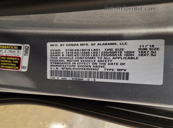 5FNRL6H22KB053942 2019 HONDA ODYSSEY Silver Вид наклейки з VIN-кодом