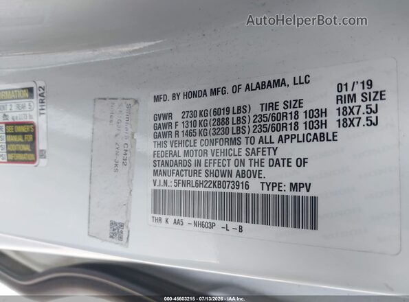 5FNRL6H22KB073916 2019 HONDA ODYSSEY Silver Widok komory silnika