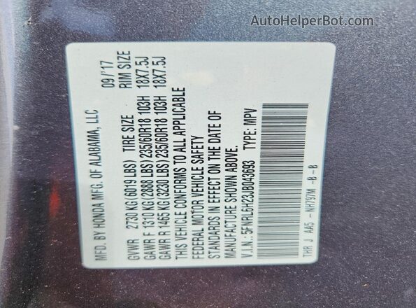 5FNRL6H23JB043693 2018 HONDA ODYSSEY Gray VIN კოდის სტიკერის ხედი