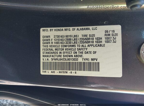 5FNRL6H23LB013032 2020 HONDA ODYSSEY Gray Widok komory silnika
