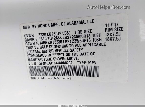 5FNRL6H24JB065704 2018 HONDA ODYSSEY White Engine compartment view