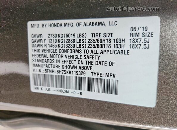 5FNRL6H24MB009279 2021 HONDA ODYSSEY Gray VIN sticker view