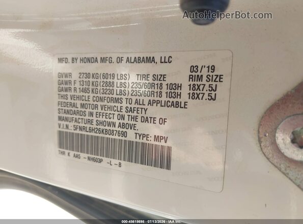 5FNRL6H26KB087690 2019 HONDA ODYSSEY White Շարժիչի բաժամունքի տեսք