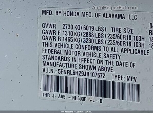 5FNRL6H29JB107672 2018 HONDA ODYSSEY White Engine compartment view
