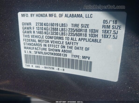 5FNRL6H29KB008139 2019 HONDA ODYSSEY Серый Вид подкапотного пространства