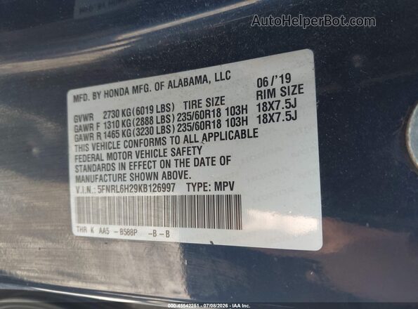 5FNRL6H29KB126997 2019 HONDA ODYSSEY Blue Engine compartment view