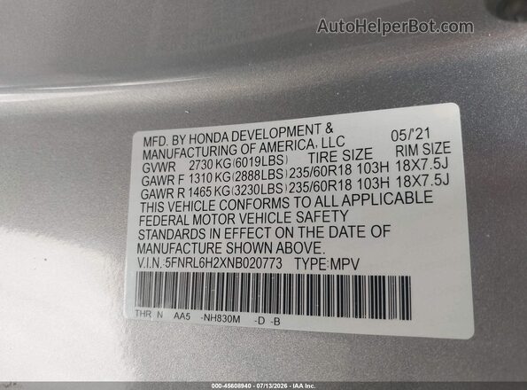 5FNRL6H2XNB020773 2022 HONDA ODYSSEY Gray ძრავის განყოფილების ხედი