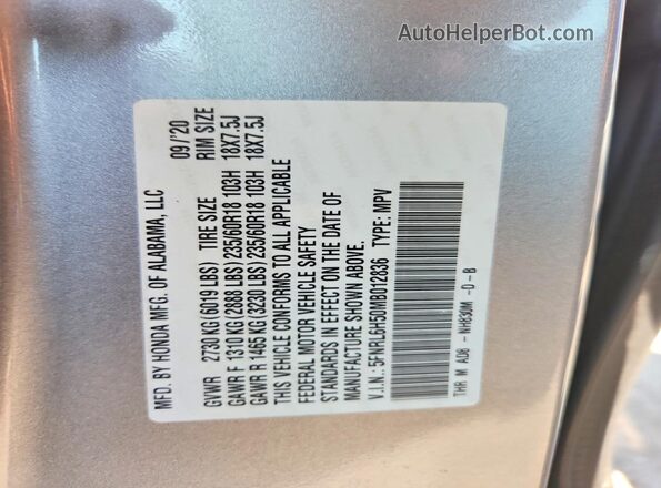 5FNRL6H50MB012836 2021 HONDA ODYSSEY Silver Панорамний вид салону 360°