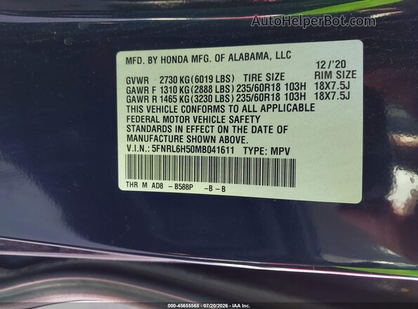 5FNRL6H50MB041611 2021 HONDA ODYSSEY Blue Շարժիչի բաժամունքի տեսք