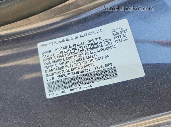 5FNRL6H51JB102931 2018 HONDA ODYSSEY Gray 360 interior view