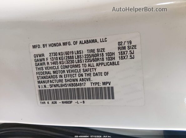 5FNRL6H51KB084917 2019 HONDA ODYSSEY Белый Вид подкапотного пространства