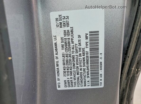 5FNRL6H51MB038197 2021 HONDA ODYSSEY Silver VIN sticker view