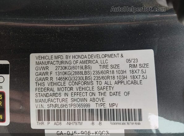 5FNRL6H51PB065999 2023 HONDA ODYSSEY Gray Vista del compartimento del motor