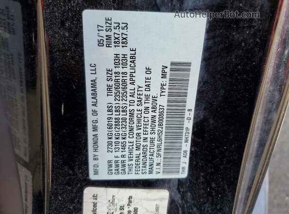 5FNRL6H52JB008637 2018 HONDA ODYSSEY Charcoal Widok naklejki z numerem VIN
